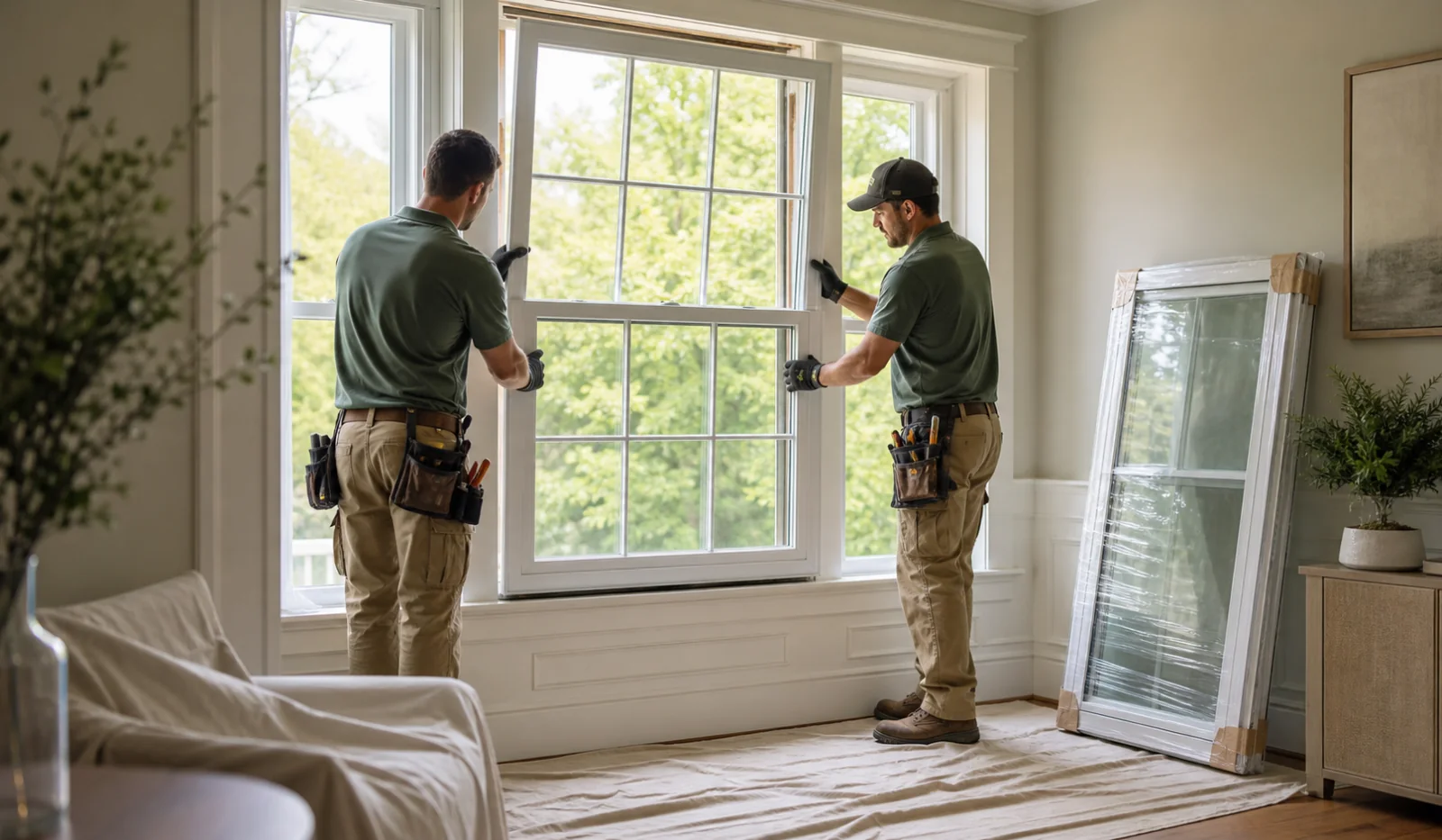 Two window installers fitting a new energy-efficient unit in a bright home.