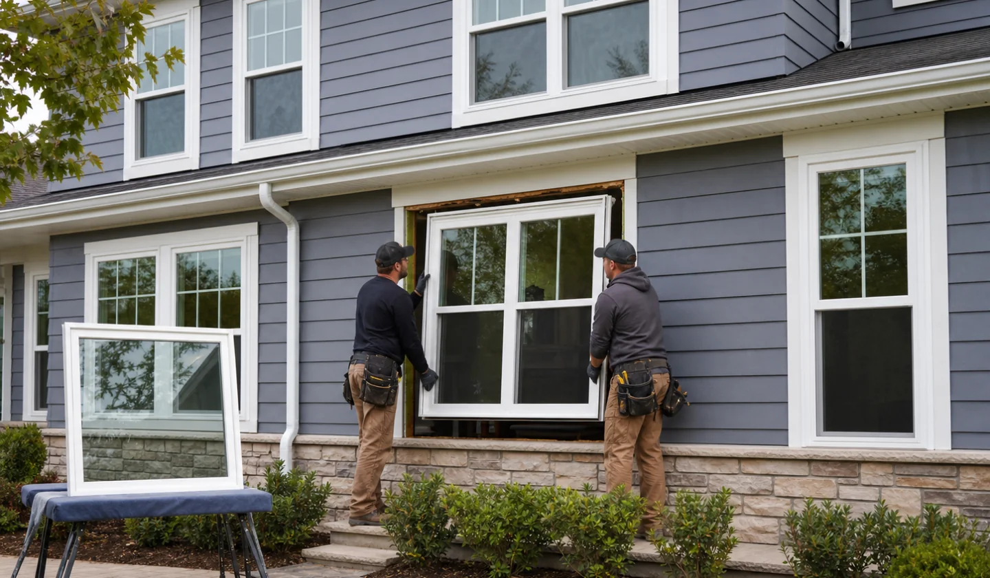 Window Services service area photo for Temple, TX. Two installers fitting replacement windows with additional units staged for the project.